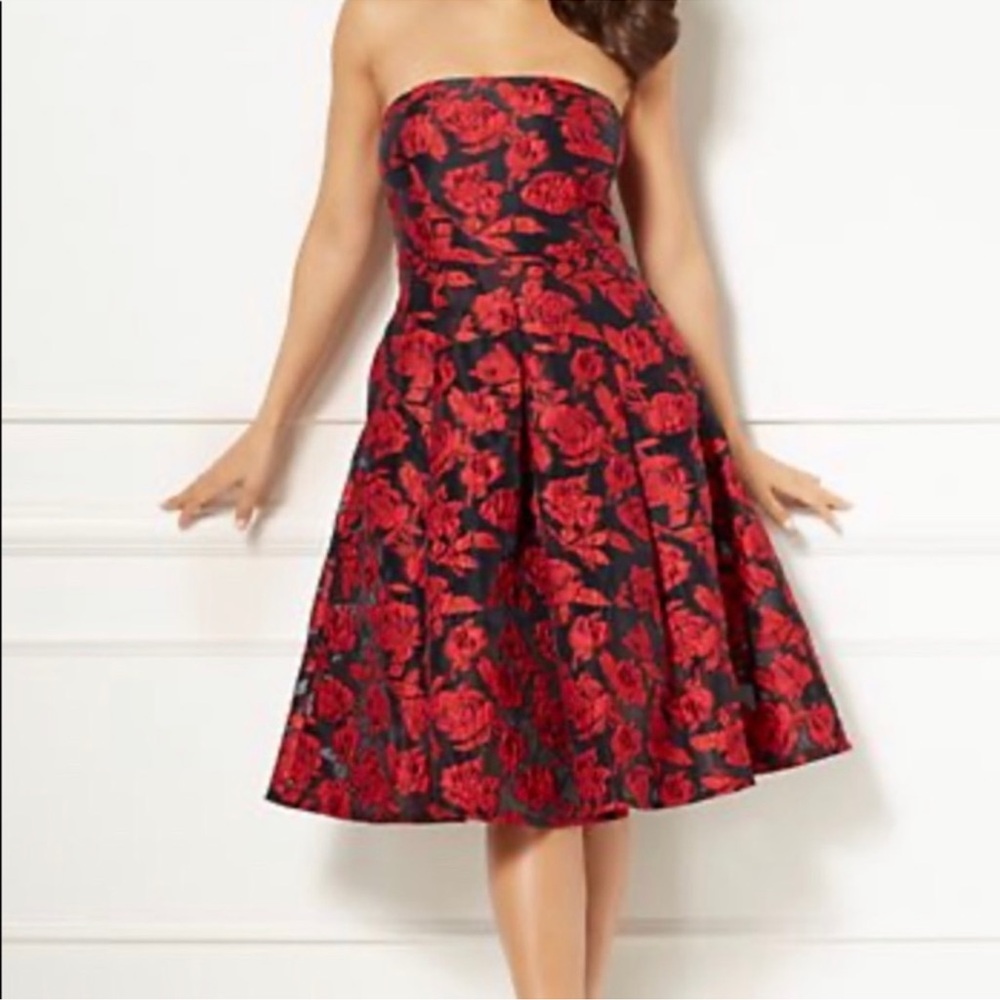Eva Mendes Size XL Rosabella Black and Red Rose 🌹 Print Strapless Dress